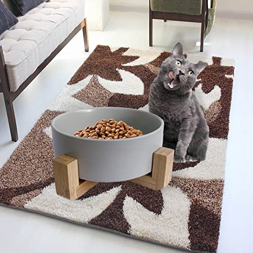 Ceramic Dog Cat Bowl with Wood Stand (【1Pcs Grey】)