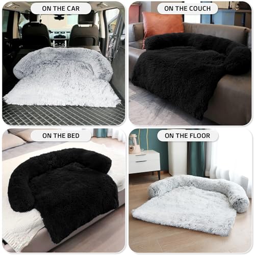 Calming Dog Bed Fluffy Plush Dog Mat for Furniture Protector with Removable Washable Cover for Large Medium Small Dogs and Cats (Black / 41.0"L x 37.0"W x 6.0"Th)