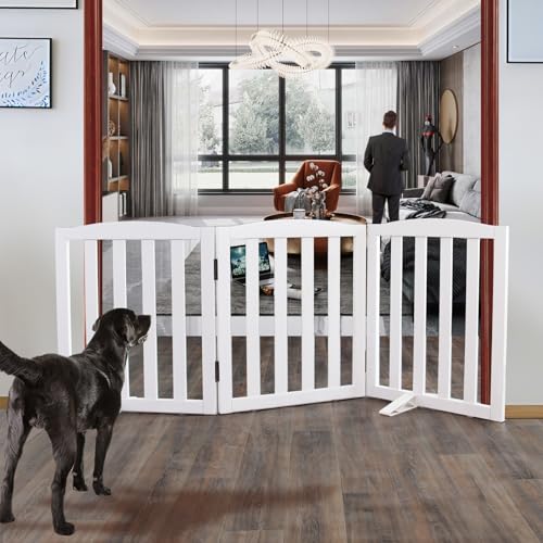 Foldable Freestanding Indoor Dog Gate for House Wood White Long Pet Gates Dog Fence for Stairs Puppy Gates for Hallways (White / 【3 Panels】60''w X 24''h)