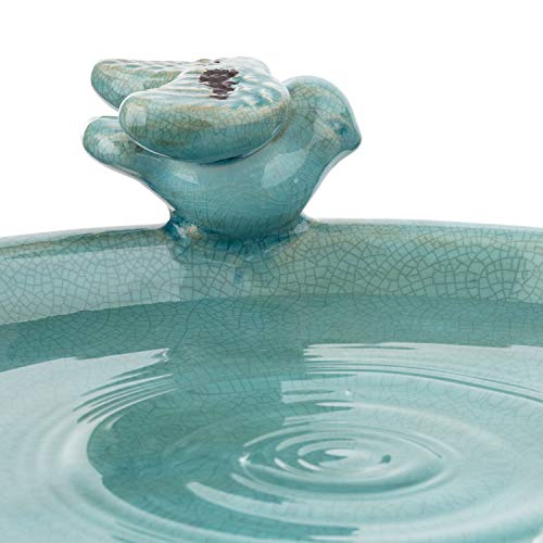 25" Tall Outdoor Ceramic Antique Pedestal Birdbath with 2 Bird Figurines (Turquoise)