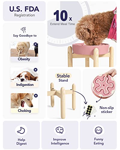 Ceramic Slow Feeder Dog Bowls Elevated (Pink Bloom+Stand / L-3 Cups)