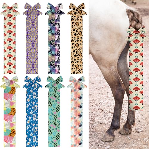8 Pcs Horse Tail Bag Breathable Guard Stretchy 22" Slip on Horse Care Tail Wrap 2 Strand Closure Straps Grooming Supplies to Keep from Dirt Breakage Rubbing 8 Designs