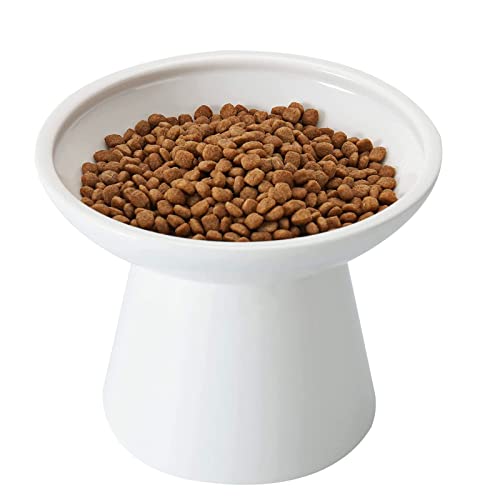 Extra Wide Elevated Ceramic 6.2" Shallow Cat Food Bowl (White-Shallow)
