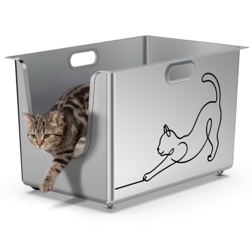 Stainless Steel Cat Litter Box (SILVER-Line Art / 20"L x 12.2"W x 13.7"H)