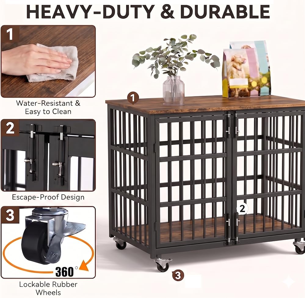 38" Heavy Duty Dog Crate Furniture for Large and Medium Dogs (Black + Rustic Brown)