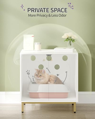 Cat Litter Box Enclosure (23.6"L x 19.7"W x 24"H / White and Gold)