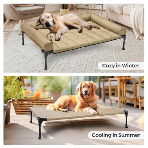 Outdoor Elevated Dog Bed with Waterproof Bolster Cushion (Beige Coffee / 32.0"L x 25.0"W x 7.0"Th)