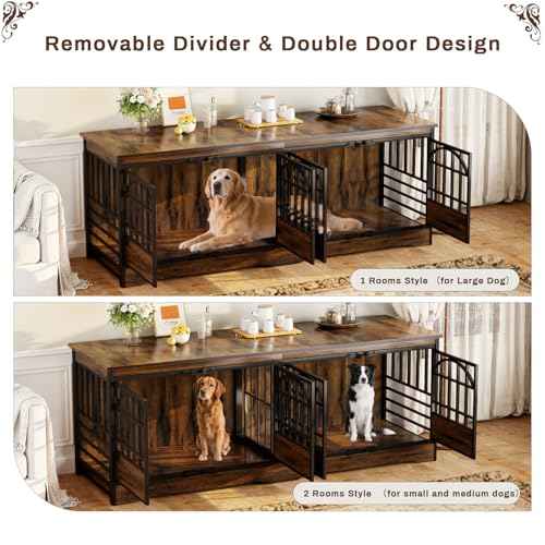 86" Double Dog Crate with Divider (Cognac Brown / 28.0"L x 86.0"W x 32.0"H)
