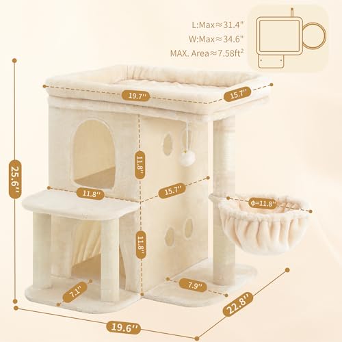 25.6" Cat Tree for Large Cats with Big Perch & Dual Condos HCT204SM (Beige / 25.6 inch)