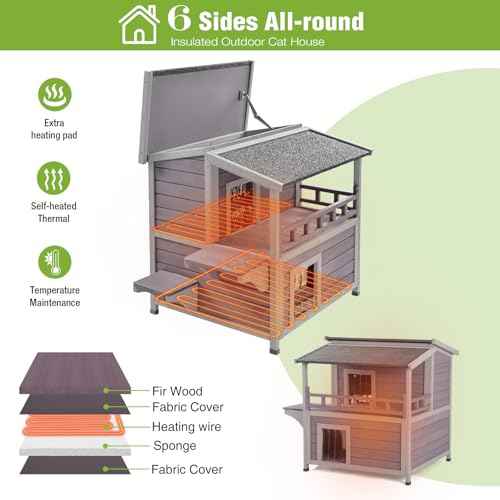 2 Story Heated Cat House Outdoor Insulated Cat House Weatherproof Feral Cat Shelter with Safe Heating Pad