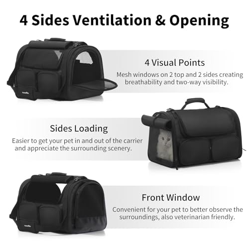 Cat Carrier Airline Approved Dog Carrier with Rollable Cover (Black)