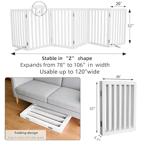 Freestanding Indoor Dog Gate for House Foldable Wood White Puppy Gate for Doorways Pet Gate for Stairs Extra Wide Pet Fence 32" Height 6 Panels (White / 【6 Panels】120''w x 32''h)