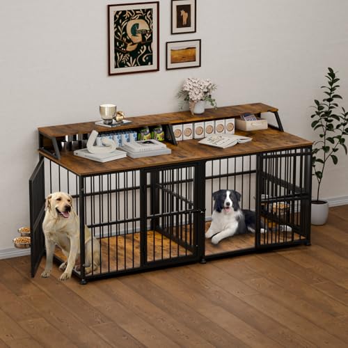 XXL Dog Crate Furniture for 2 Dogs (Rustic Brown & Black / Extra Extra Large Size: 72 x 28.7 x 36.8 inch)