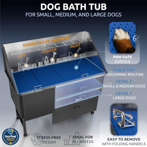 Professional Dog Washing Station 304 Stainless Steel Pet Wash Sink (Black, Left Ramp, 1 Drawer / 61 Inches)