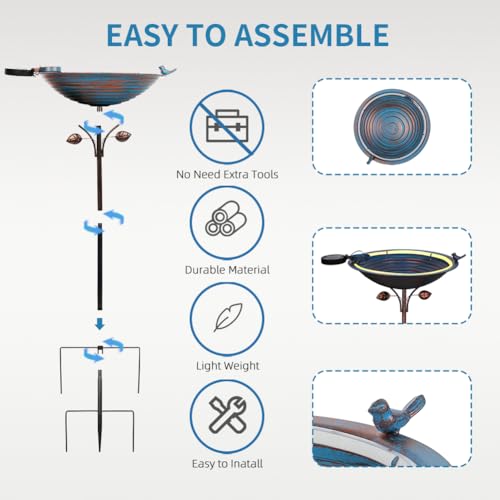Metal Bird Bath with Stake (Blue-Solar Light)