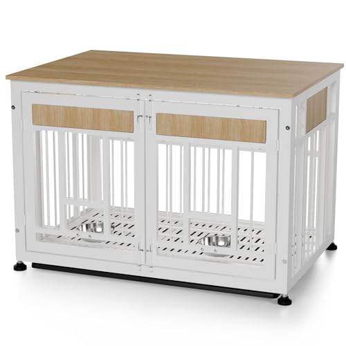 Large Dog Crate Furniture (Nature Wood & White / 42.9"L x 38.3"W x 30.0"H)