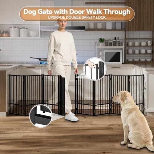 Full Metal Freestanding Dog Gate with Door (【8 Panels】160"W*32H" / Black)