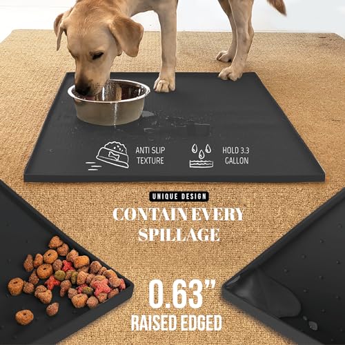 Waterproof Silicone Dog Food Mat for Sloppy Drinkers (Black / 32" x 24")