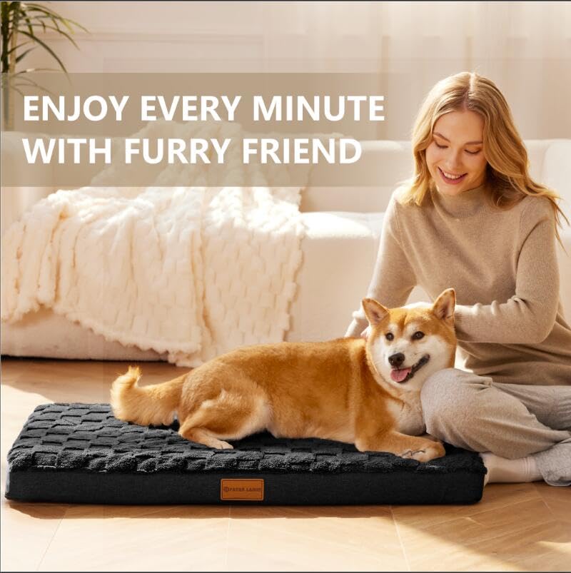 Orthopedic Large Dog Bed Washable Pet Crate Mat 42''X28'' Black (Black / 42"L x 28"W x 3.5"Th)