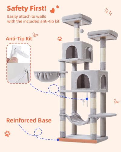 Cat Tree 66.2 in Tall Cat Tower with 2 Plush Cat Condos (67 inches / Light Gray)