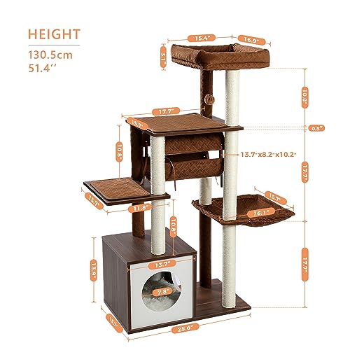 51.4in 6 Level Cat Tree for Indoor Cats with Swing Tunnel (Brown / L(25.6"L x 15.7"W x 51.4"H))