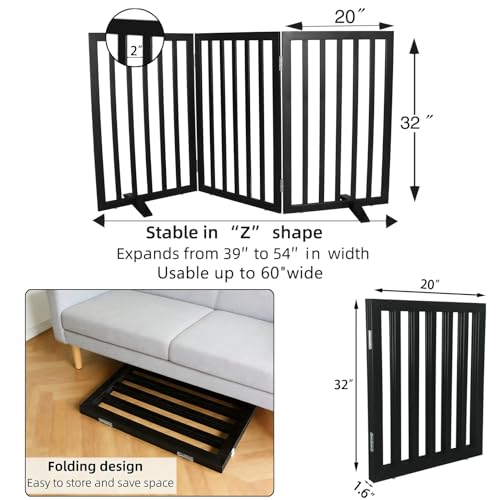 Freestanding Indoor Dog Gate for House Foldable Wood Puppy Gate for Doorways Pet Gate for Stairs Extra Wide Pet Fence (Black / 【3 Panels】60''w x 32''h)