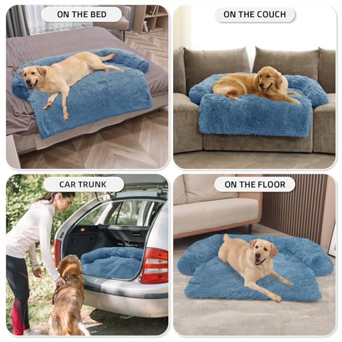 Calming Dog Bed Fluffy Plush Dog Mat for Furniture Protector with Removable Washable Cover for Large Medium Small Dogs and Cats (Navy / 53.0"L x 39.3"W x 6.0"Th)