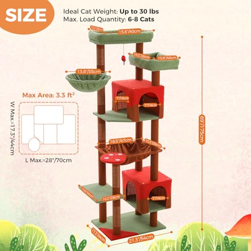69" Mushroom Cat Tower with Hammock & Scratching Posts (Brown / 69 Inches)