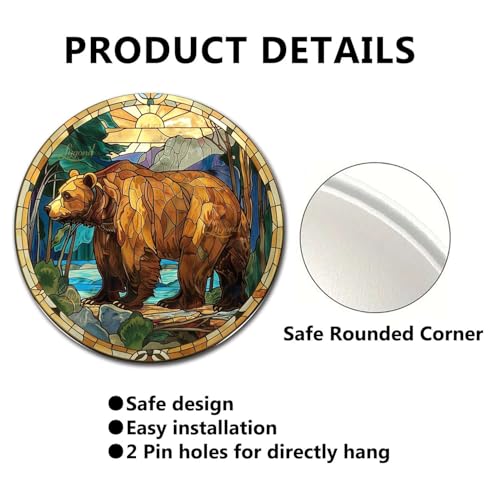 Metal Sign Tin Sign Circular Stained Glass Bear Home Decor for Patio 12×12 Inches (12×12 Inches / Bear)