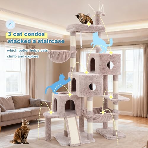 Cat Tree Tower with 3 Condos (74.8 inches / Muchroom)