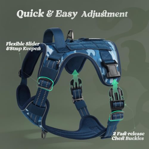 Tactical Dog Harness for Small Dogs (S(Chest:16.1"-31.5",Neck:15.4"-21.6",Back:7.1") / Blue Camo)