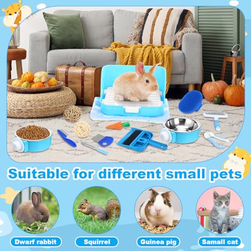 15 Pcs Rabbit Starter Kit Small Rabbit Litter Box Girls Gift Animal Grooming Kit Bunny Toys Bowl Blankets with Cleaning Set for Guinea Pig Accessories (Light Blue)