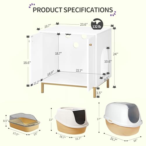 Cat Litter Box Enclosure (23.6"L x 19.7"W x 24"H / White and Gold)