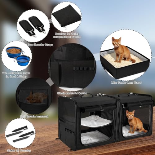 Extra Large Cat Carrier for 2 Cats with Travel Litter Box (Black)