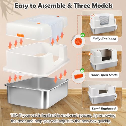 Stainless Steel Litter Box with Lid (Beige(With Mat&Step))