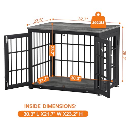32" Heavy Duty Dog Crate Furniture for Small and Medium Dogs (Black + Gray / 32.7"L x 23.6"W x 26.2"H)