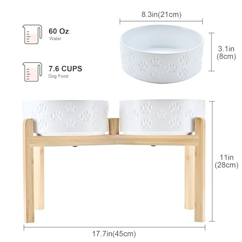 Elevated Dog Bowls Ceramic (8.3 in - 7.6 cups / Paw White)