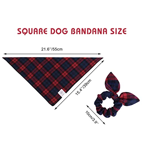 Red Blue Dog Bandanas & Matching Scrunchie Set Plaid Dog Scarf Bibs Pet Handkerchief for Small Dogs Puppy Owner Gifts (04-plaid red / Small-set of 1)