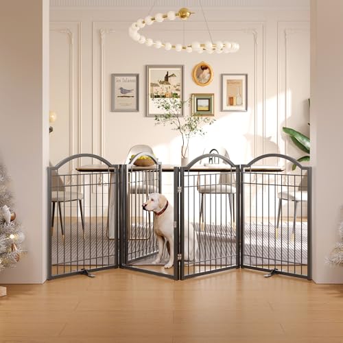 Metal No Assembly Freestanding Dog Gate with Door Walk Through (Black / 4 panels)