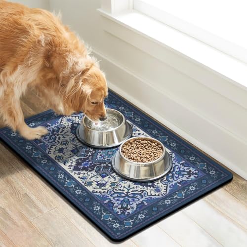 Pet Feeding Mat for Floors Waterproof Dog Mat for Food and Water Absorbent Quick Dry Non Slip mat for Cat Bowls (32"L x 24"W / BlueBoho)
