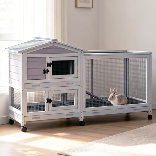 Wooden Rabbit Hutch Indoor Outdoor (Grey / 62.0"L x 22.6"W x 33.5"H)