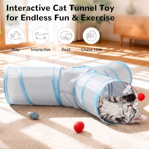 Cat Tunnel, 3-Way Collapsible Toy, Large Size Light Grey & Blue (Light Grey & Blue / Large)