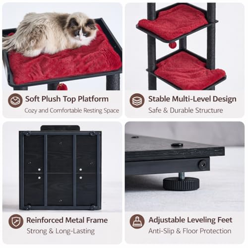 67.7" Wooden Cat Tree for Large Cats (Black/Red / 23.6"L x 22.8"W x 67.7"H)