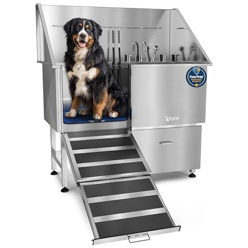 Professional Dog Washing Station 304 Stainless Steel Pet Wash Sink (Silver, Left Ramp, 1 Drawer / 50 Inches)