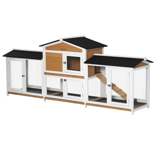 90.5" Wooden Rabbit Hutch Bunny Cage Pet Playpen House Enclosure with Double Side Run Boxes (White)