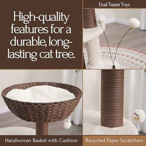 Handwoven Cat Tree with Basket Bed & Replaceable Scratching Posts (Cream and Brown)