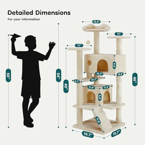 54 inch Indoor Cat Tree Tower (Beige / 54'' × 19.8'' × 19.8'')