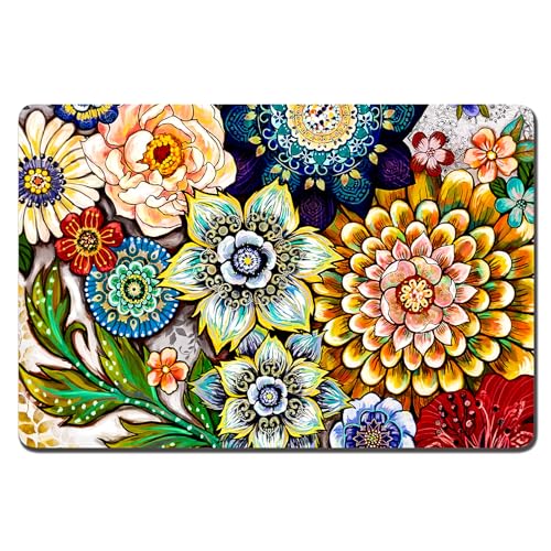 Dog Food Mat 12" x 19" Flower Absorbent Dog Cat Bowl Mat for Food and Water (Colorful Mandala / 12"L x 19"W)