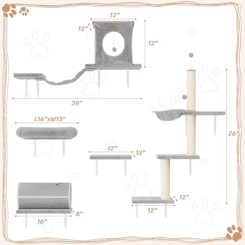7-in-1 Wall Mounted Cat Climber Set, Cat Furniture Set, Gray (Gray / Set of 7)