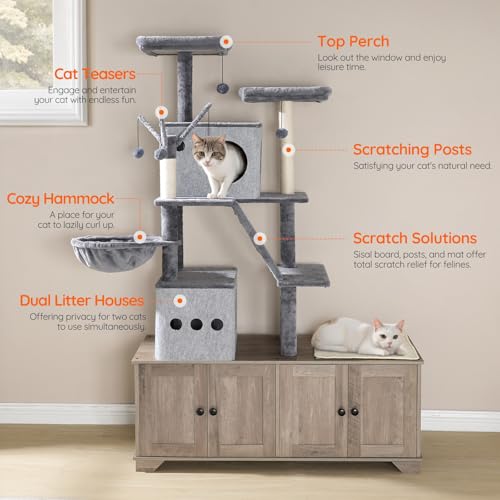 Double Litter Box Enclosure with Cat Tree (Greige)
